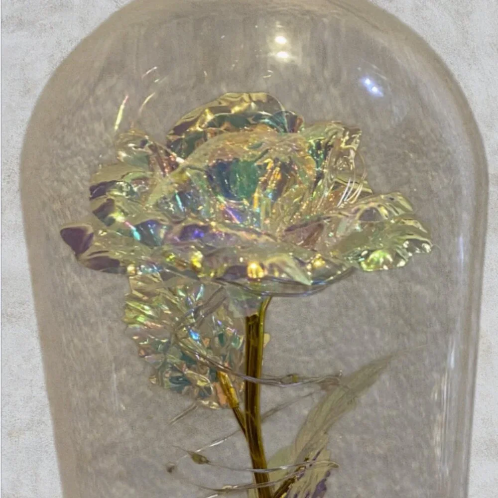 LOVE FOREVER LED ROSE -- Metallic Rose Inside Glass Dome, Lighted, LED, Like New